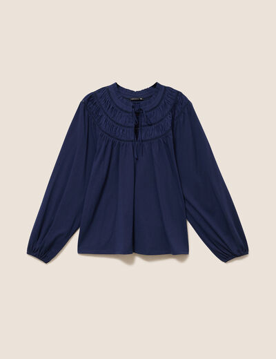 Blouse col tunisien manches longues bleu marine femme