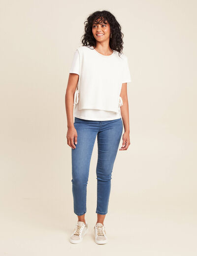 Pull col rond manches courtes ecru femme