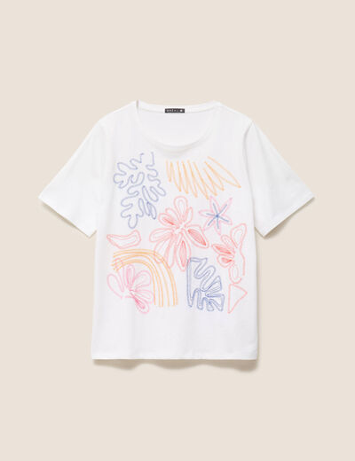 T-shirt col rond manches courtes brod&eacute; blanc femme