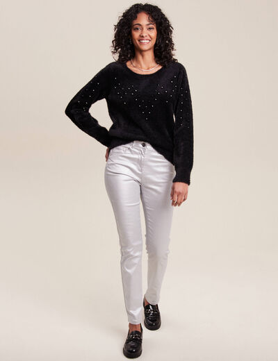 Pull manches longues strass noir femme