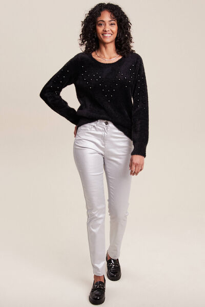 Pull manches longues strass noir femme