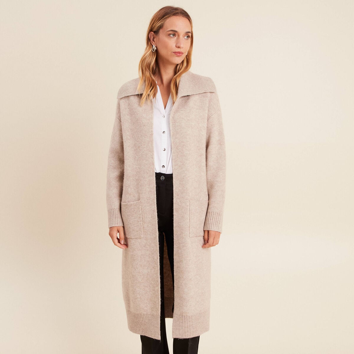 Gilet manches longues avec poches creme femme