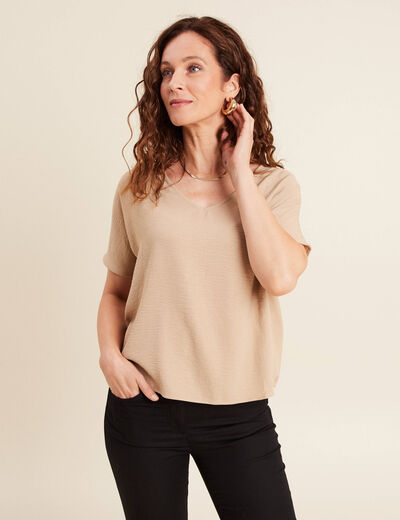Blouse col v manches 3/4 brillante sable femme