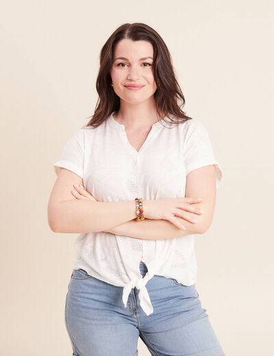 T-shirt col tunisien manches courtes blanc femme