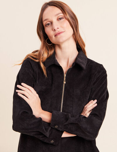 Robe droite courte velours col chemise noir femme