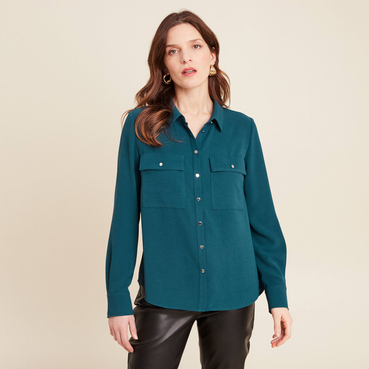Chemise manches longues bleu canard femme