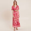 Robe longue &eacute;vas&eacute;e satin rose fushia femme