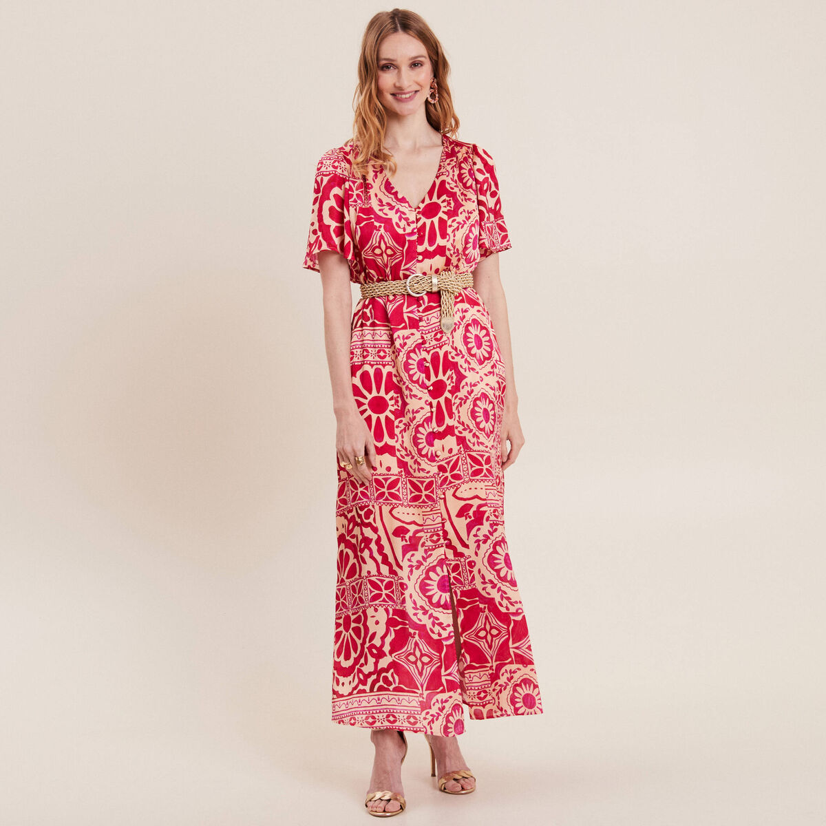 Robe longue &eacute;vas&eacute;e satin rose fushia femme