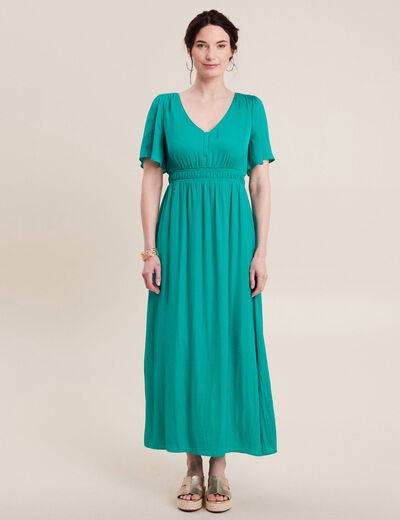 Robe longue évasée satin bleu turquoise femme