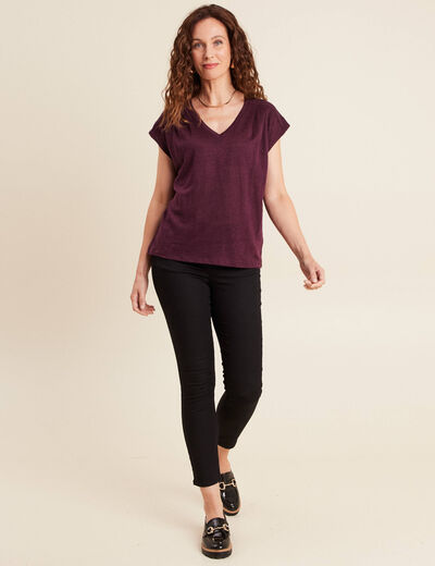 Top col v manches courtes en lin prune femme