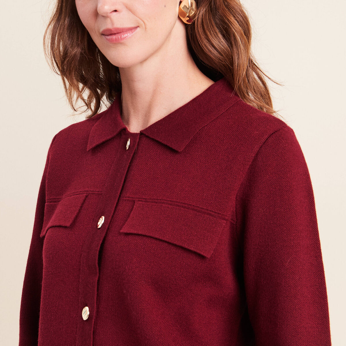 Veste col chemise manches longues bordeaux femme