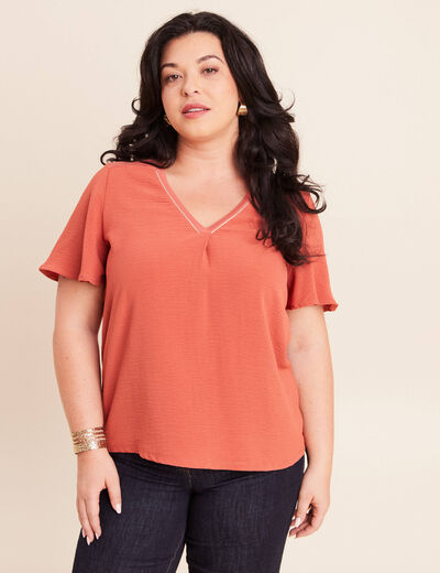 T-shirt bi-mati&egrave;re manches courtes vieux rose femme