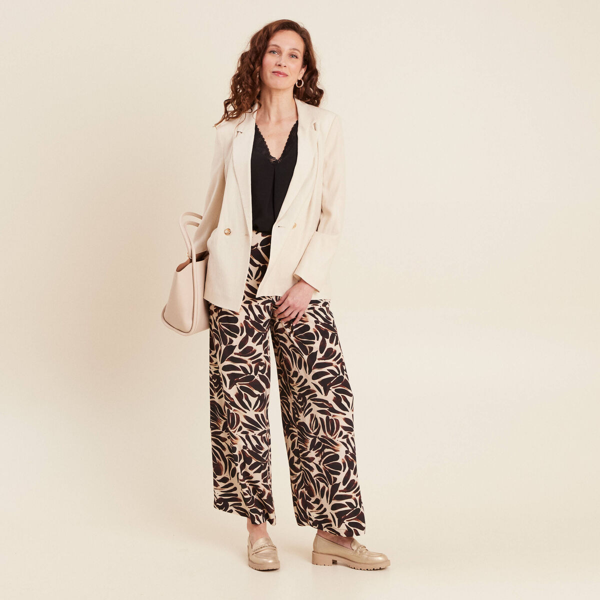 Pantalon fluide taille haute marron foncé femme