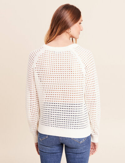 Pull col rond manches longues dentelle ecru femme