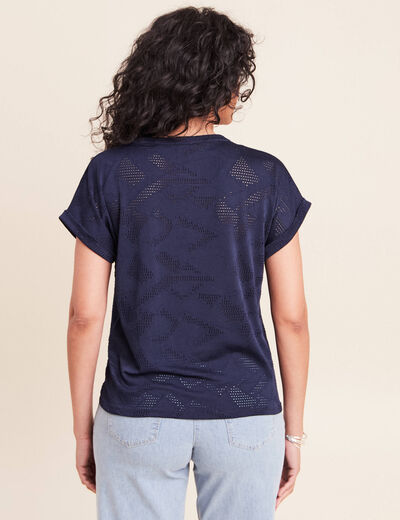 T-shirt col tunisien manches courtes bleu marine femme
