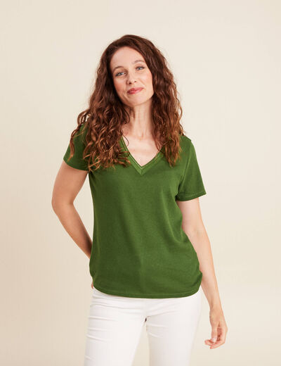 T-shirt manches courtes col en V vert foncé femme