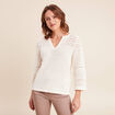 Pull col tunisien manches 3/4 ecru femme