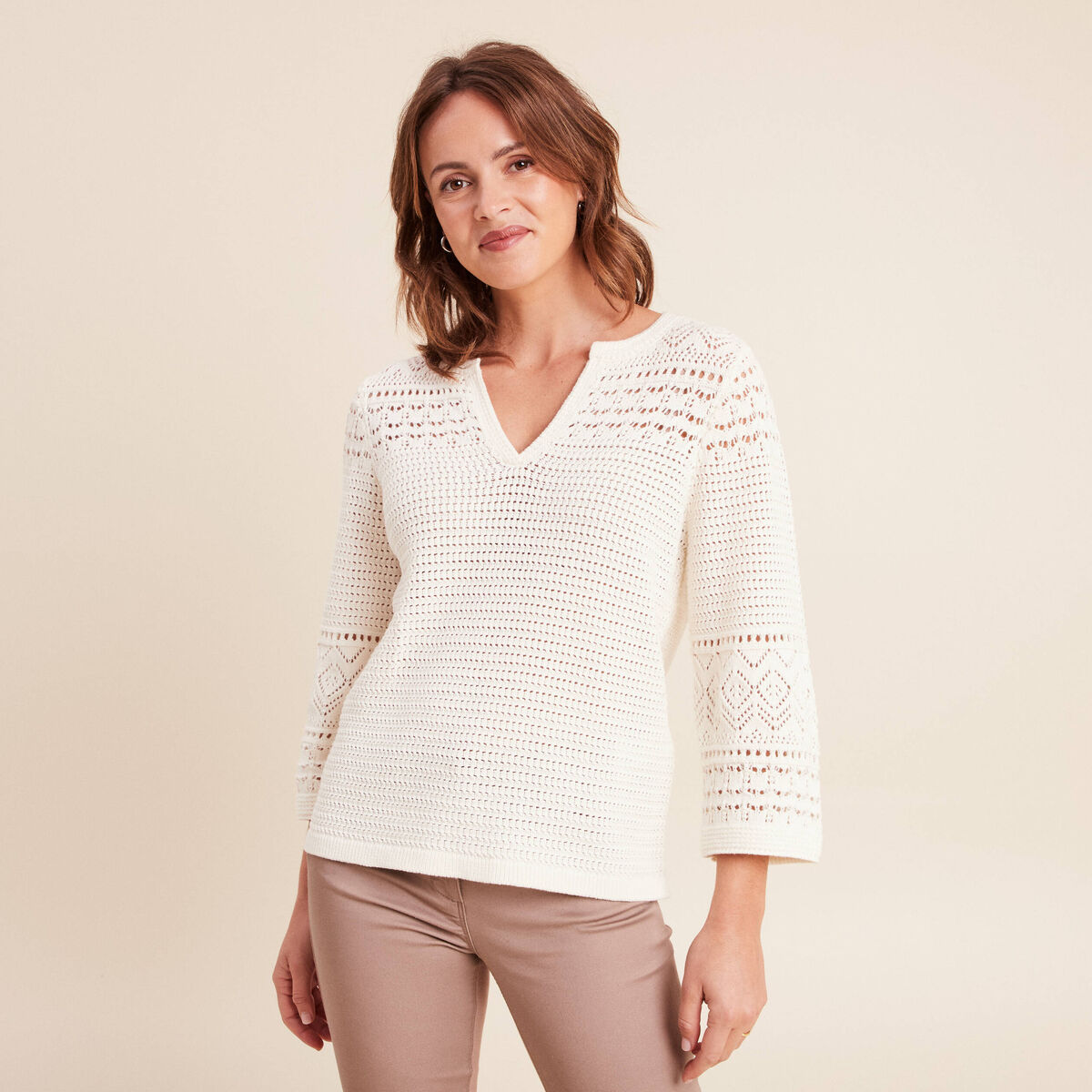 Pull col tunisien manches 3/4 ecru femme
