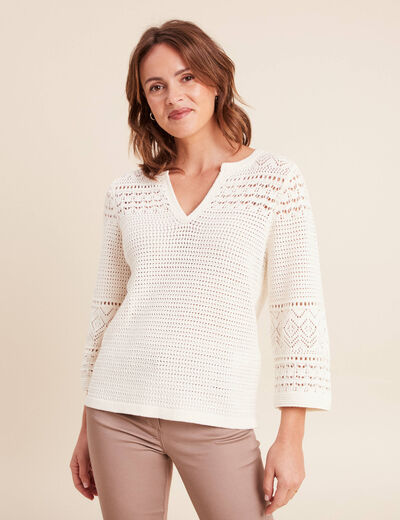 Pull col tunisien manches 3/4 ecru femme
