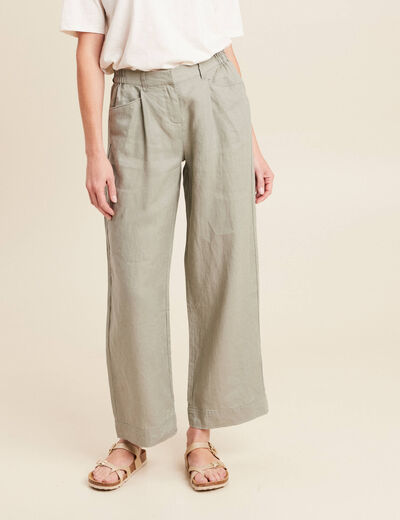 Pantalon droit 7/8ème en lin vert clair femme