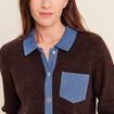 Veste col chemise manches longues marron fonc&eacute; femme