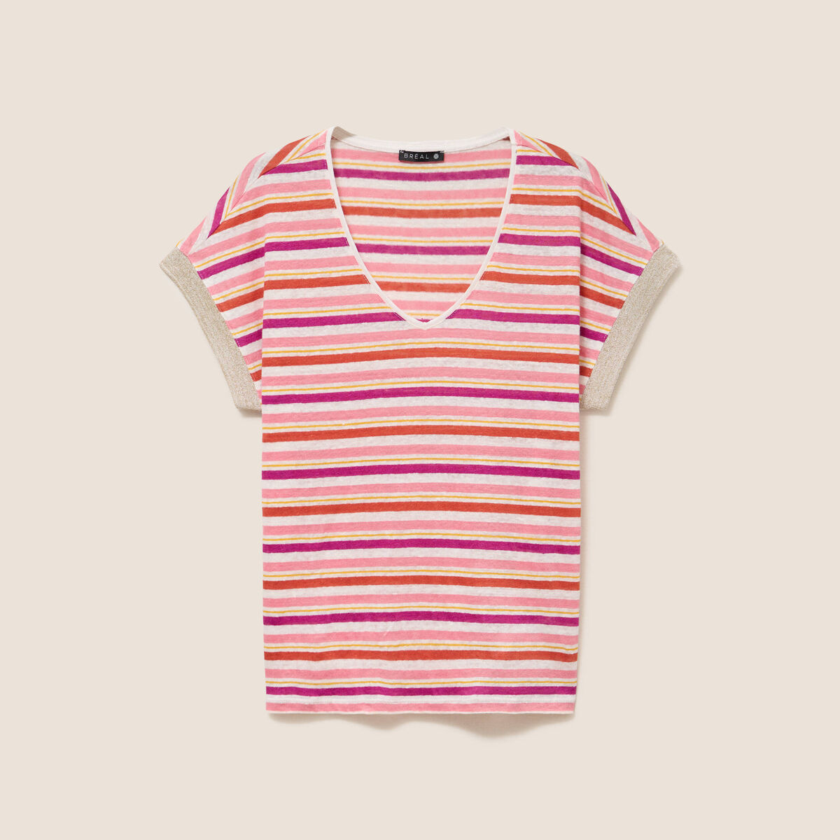 T-shirt droit col v manches courtes orange femme