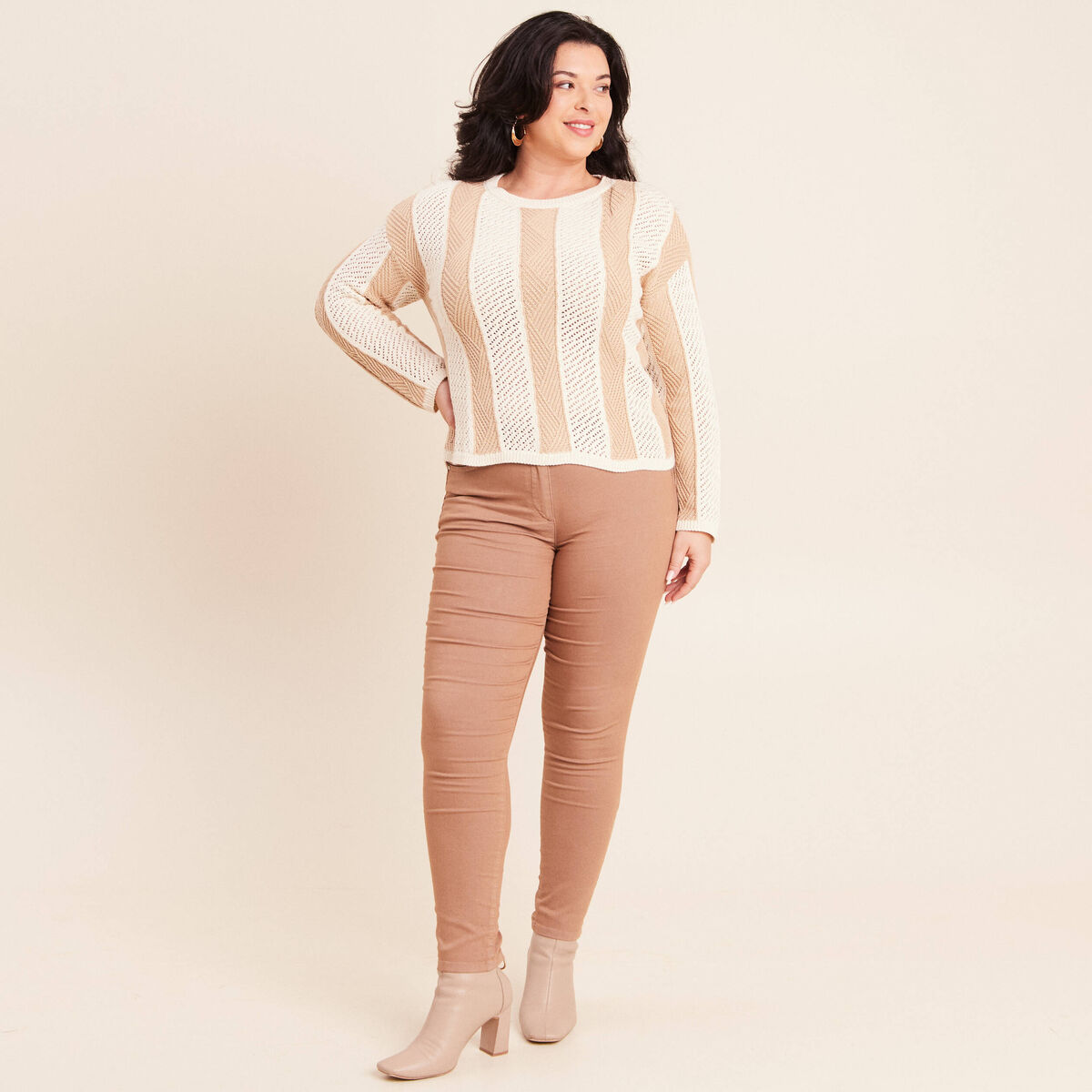 Pull col rond manches longues marron femme