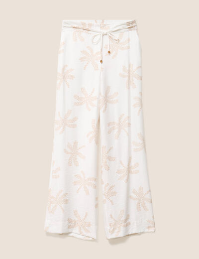 Pantalon large taille haute beige femme