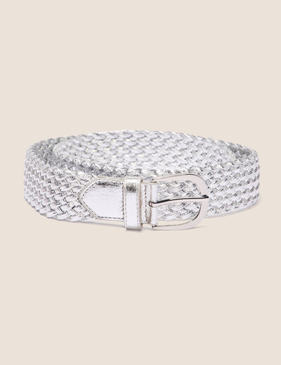 Ceinture tressée métalissée gris clair femme