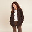 Manteau droit effet mouton marron fonc&eacute; femme