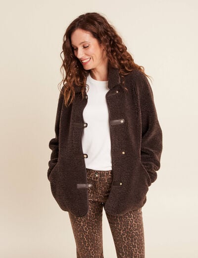 Manteau droit effet mouton marron fonc&eacute; femme