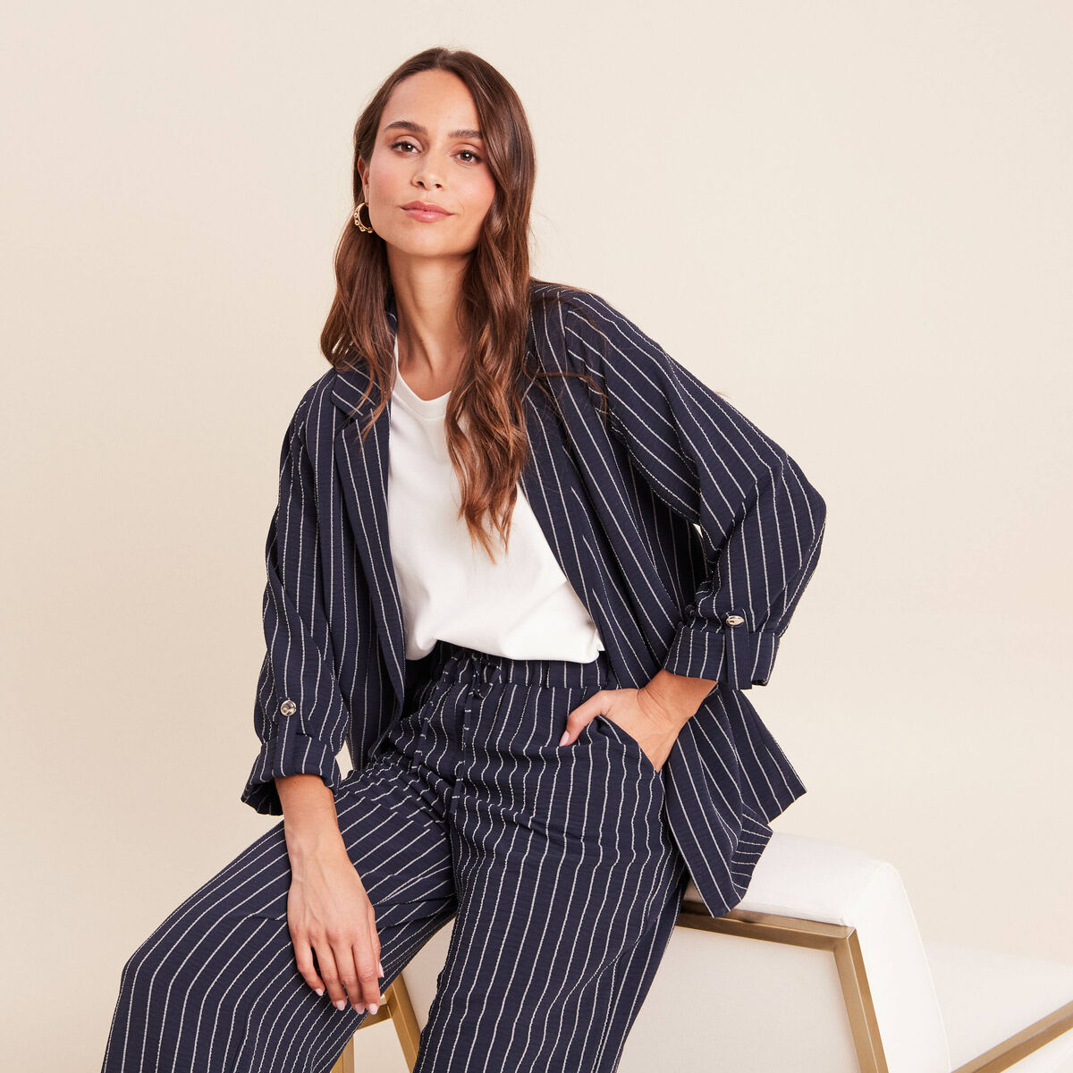 Veste droite longue manches 3/4 doubl&eacute;e bleu fonc&eacute; femme