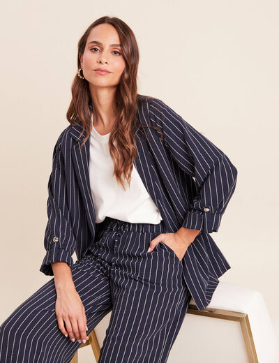 Veste droite longue manches 3/4 doubl&eacute;e bleu fonc&eacute; femme