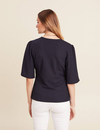 Blouse col V manches coude bleu foncé femme