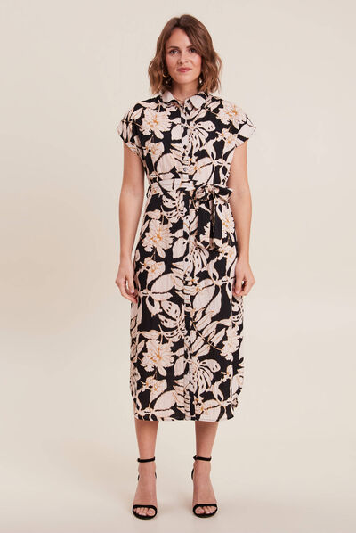 Robe midi droite ceinturée noir femme