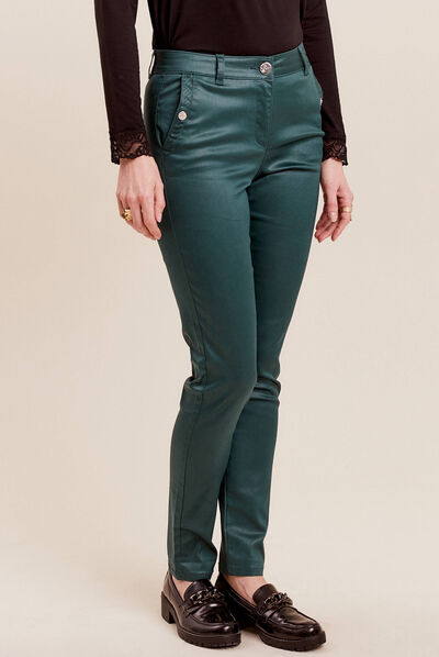 Pantalon ajusté enduit vert femme
