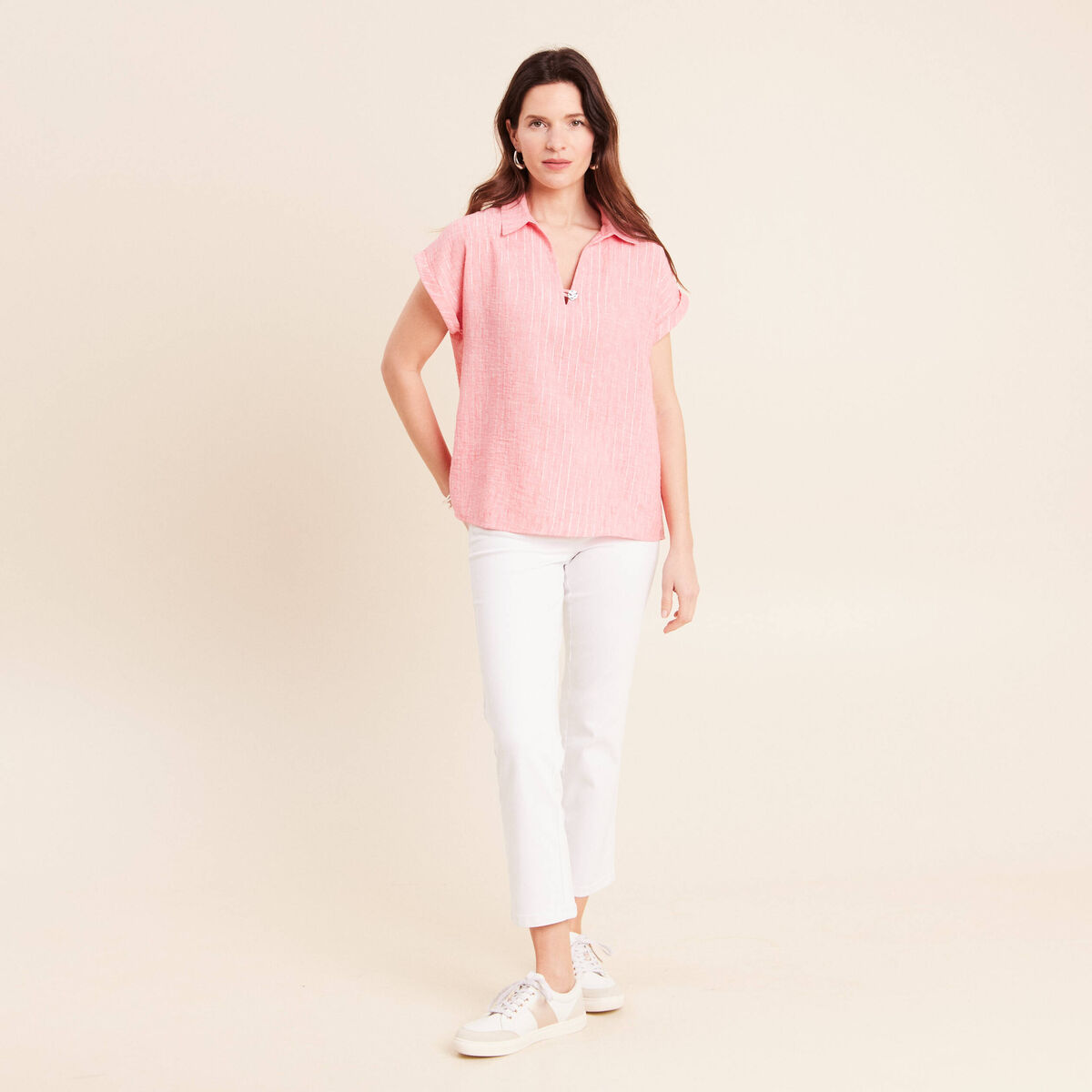 Blouse manches courtes fluide rose corail femme
