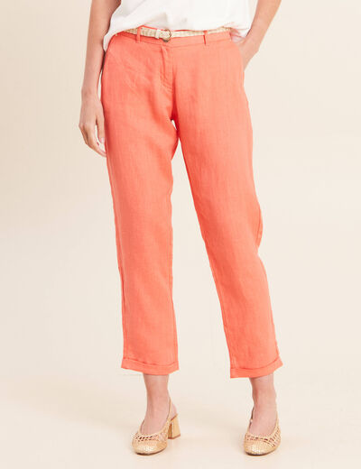Pantalon coupe chino en lin ceintur&eacute; orange fluo femme