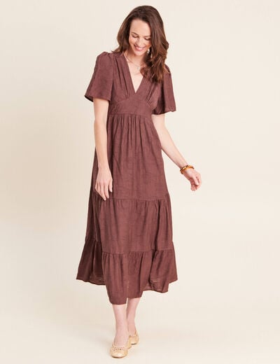 Robe &eacute;vas&eacute;e col v doubl&eacute;e marron fonc&eacute; femme