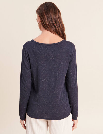 T-shirt ajust&eacute; col v manches longues bleu marine femme