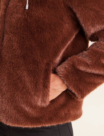 Manteau &agrave; capuche fausse fourrure marron fonc&eacute; femme