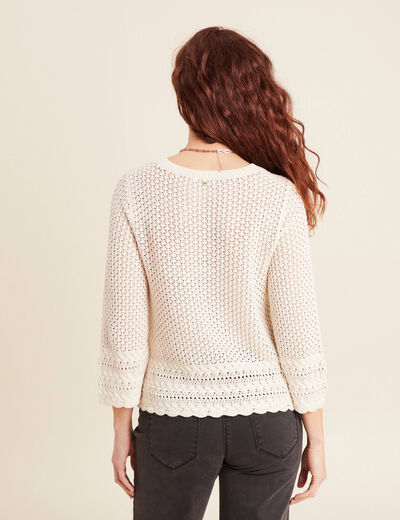 Pull manches 3/4 ajouré ecru femme