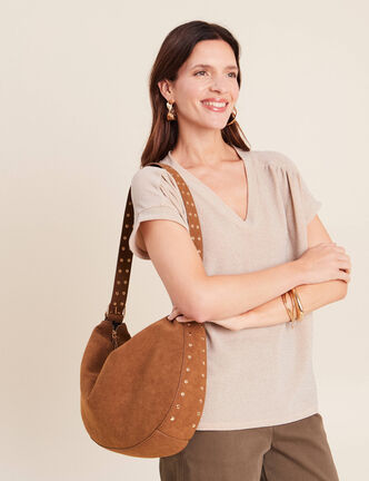 Sac en bandouli&egrave;re aspect daim marron fonc&eacute; femme