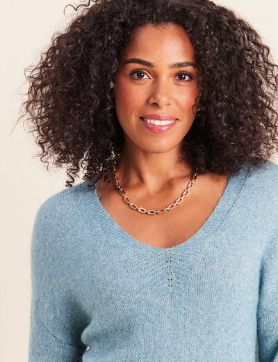 Pull col v bleu p&eacute;trole femme
