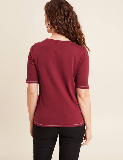 T-shirt ajust&eacute; col rond manches coudes bordeaux femme