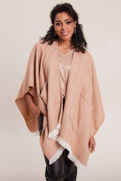 Poncho avec franges taupe femme