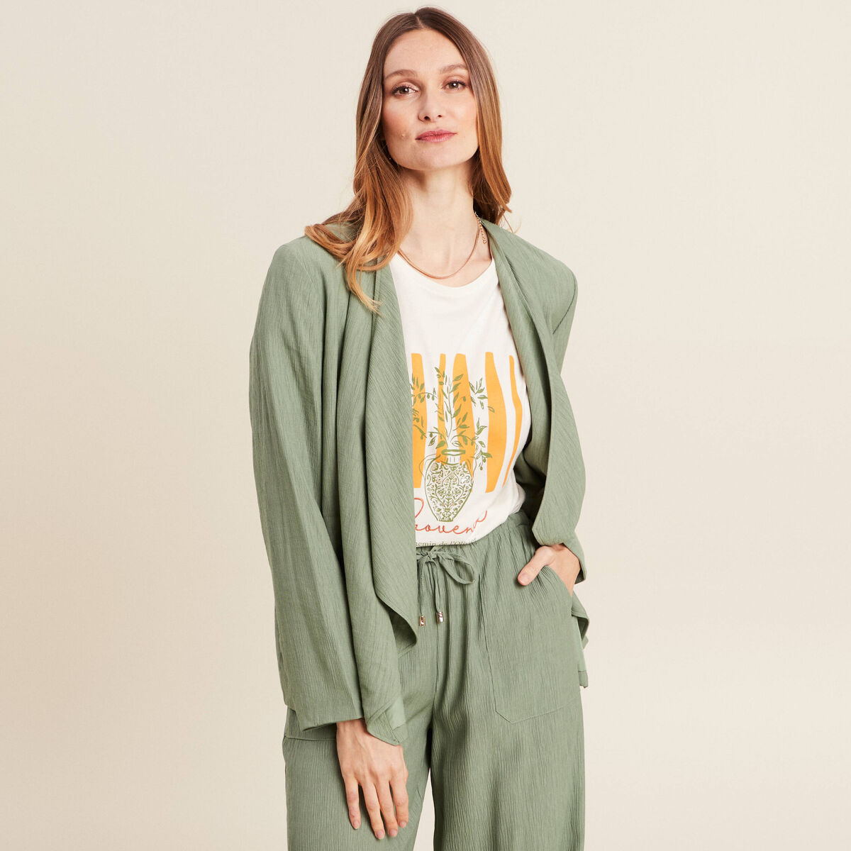 Veste fluide col cascade vert kaki femme