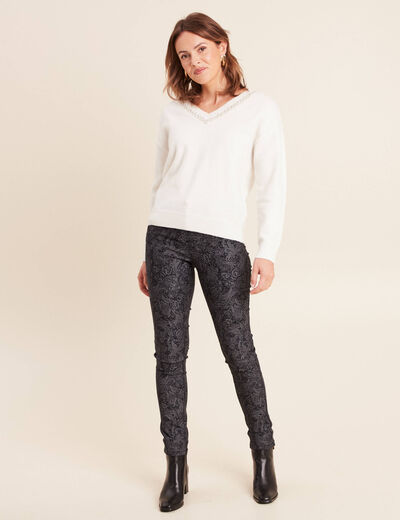 Pull col v manches longues brillant ecru femme