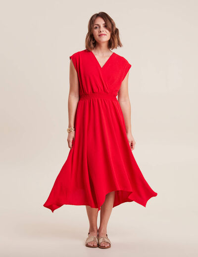 Robe évasée taille smockée rouge femme