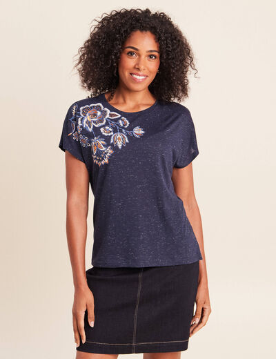 T-shirt &agrave; sequins manches courtes bleu marine femme